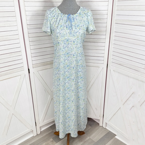 Liz Claiborne Dresses & Skirts - Vntg Villager Liz Claiborne Ditsy Floral Cinch Neck Linen Maxi Dress Blue Medium